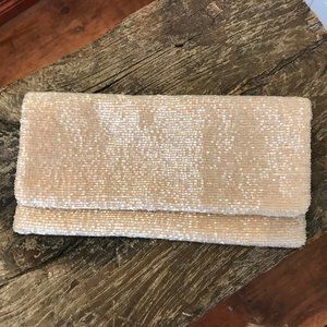 Beaded Fold Over Clutch, Champagne
